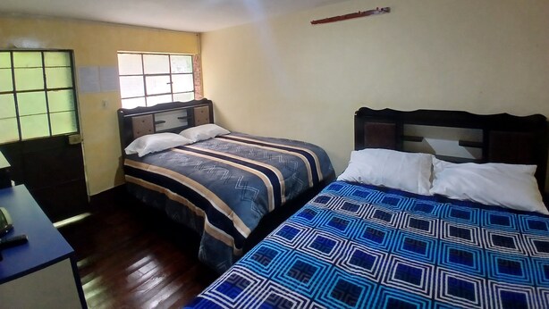 Una habitación con dos camas, una ventana con vistas, un escritorio y una lámpara en el techo.