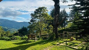 A lush green landscape with a wooden bench and a gate, surrounded by trees and a mountain in the background. - Secluded Chalet in Cerro de la Muerte Coffee Region with Fireplace & Green Views (San José)