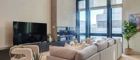 Télévision, cheminée, espaces bureaux