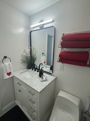 Hair dryer, towels, soap, toilet paper