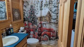 Jetted bath, hair dryer, towels, soap