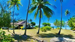 Tropische omgeving met palmbomen, een huis en een strand op de achtergrond.