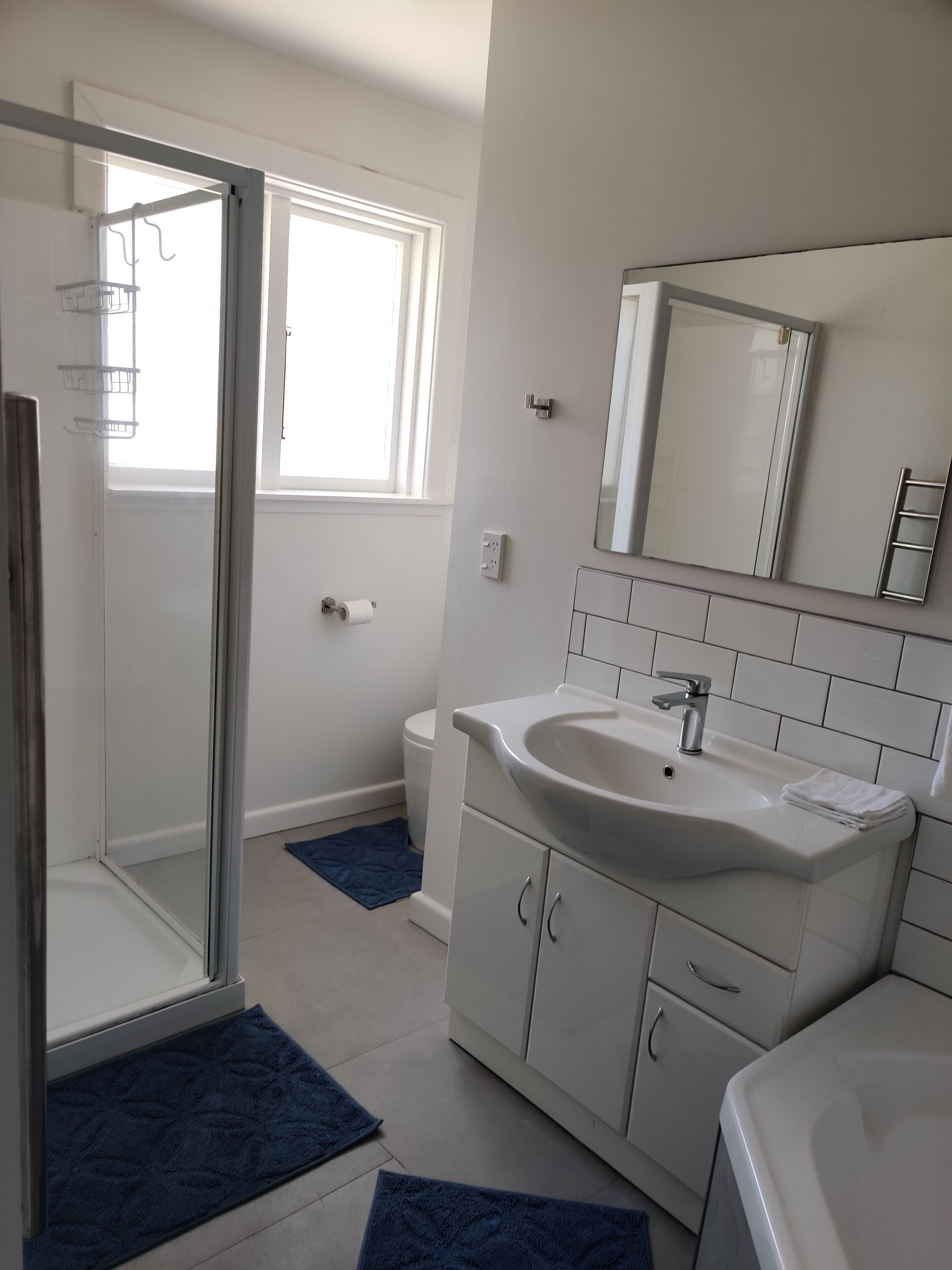 Shower, jetted bath, towels, soap