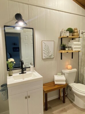 Secadora de cabello, toallas, jabón, papel de baño 