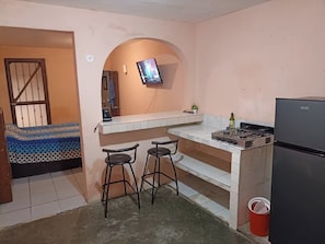 Frigorífico, microondas, placa de cocina y licuadora