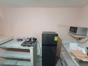 Frigorífico, microondas, placa de cocina y licuadora