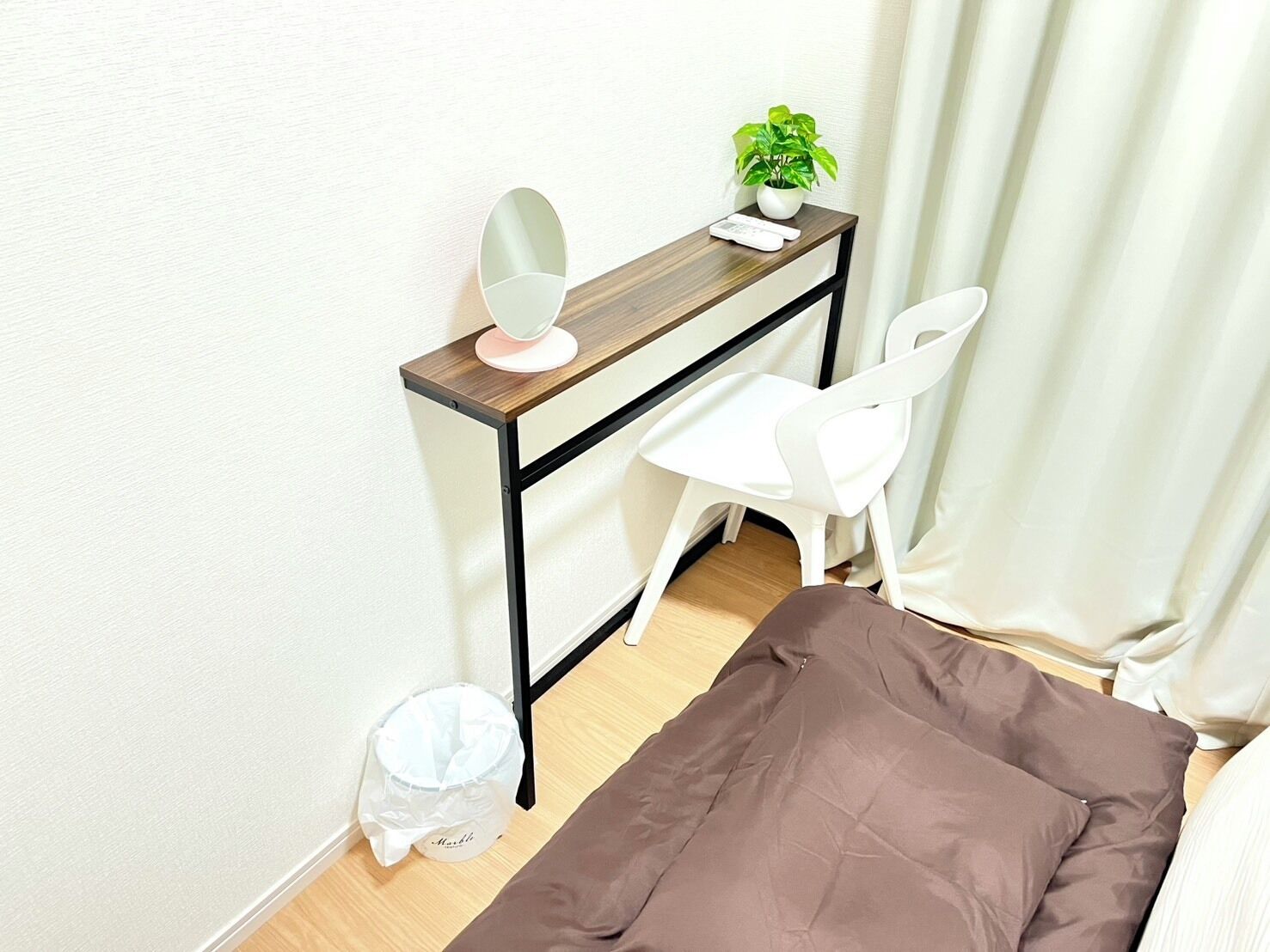 Desk, laptop workspace, blackout curtains, iron/ironing board