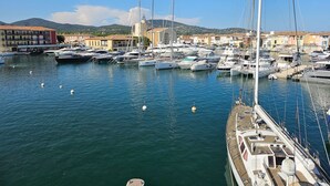 Un port de plaisance où sont amarrés de nombreux bateaux, un ciel dégagé et des bâtiments en arrière-plan.