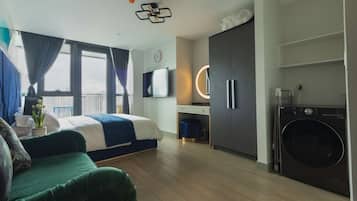 Blackout drapes, iron/ironing board, free WiFi