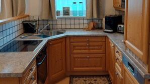 A compact kitchen with wooden cabinets, a built-in oven, a microwave, and a sink. - Grundlsee vacation apartment - Charming vacation apartment right on the lakeshore (Mosern)