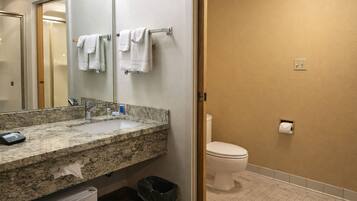 Hair dryer, towels, soap, shampoo