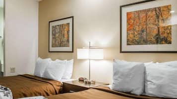 Una habitación de hotel con dos camas, una mesita de noche con lámpara y dos cuadros en la pared.