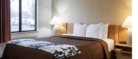 A hotel room with a large bed, two bedside lamps, a window with a view of parked cars, and a brown carpet.