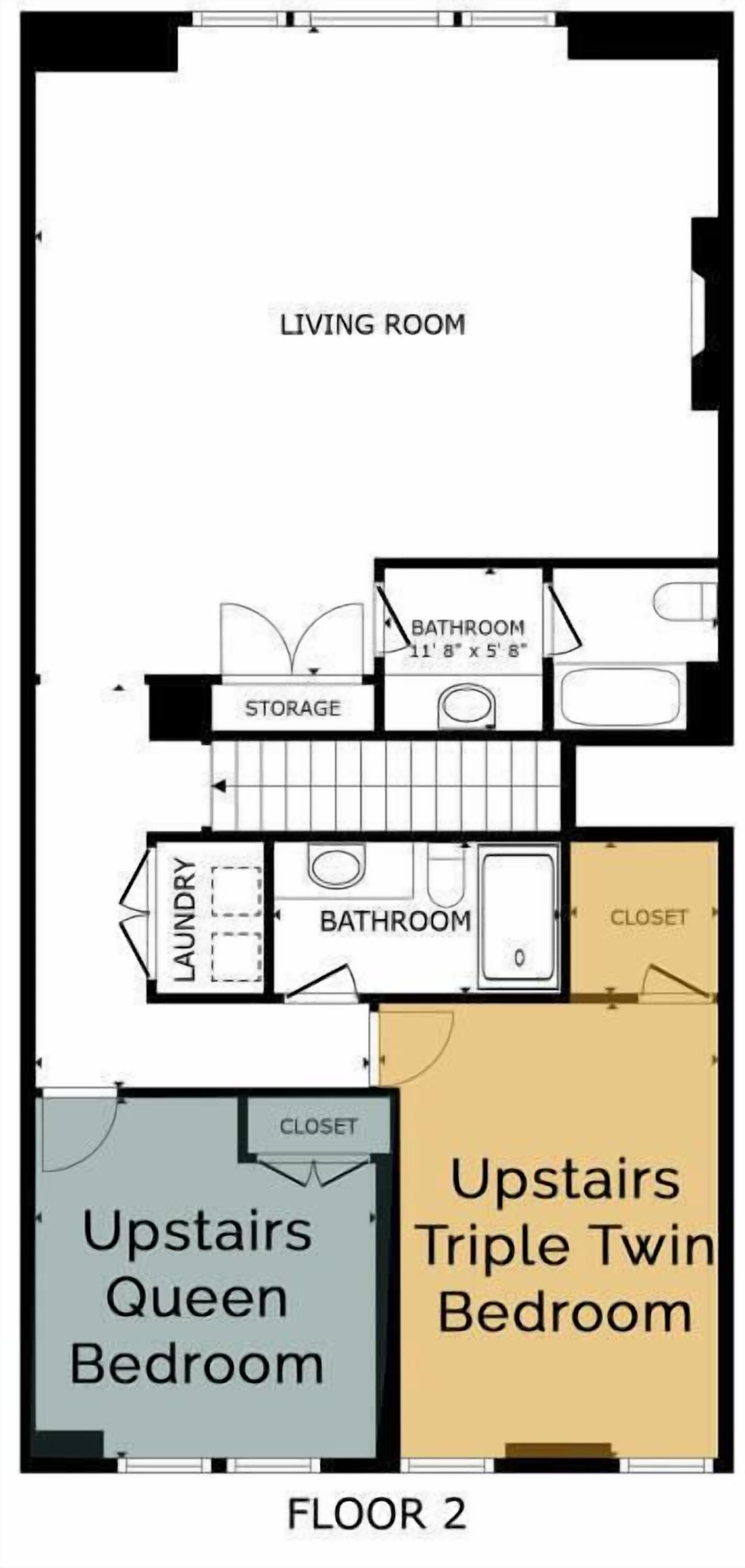 Een plattegrond van een appartement op de tweede verdieping, met een woonkamer, twee badkamers, een wasruimte, een berging, een inloopkast, een slaapkamer met een queensize bed op de bovenverdieping en een slaapkamer met drie eenpersoonsbedden op de bovenverdieping.