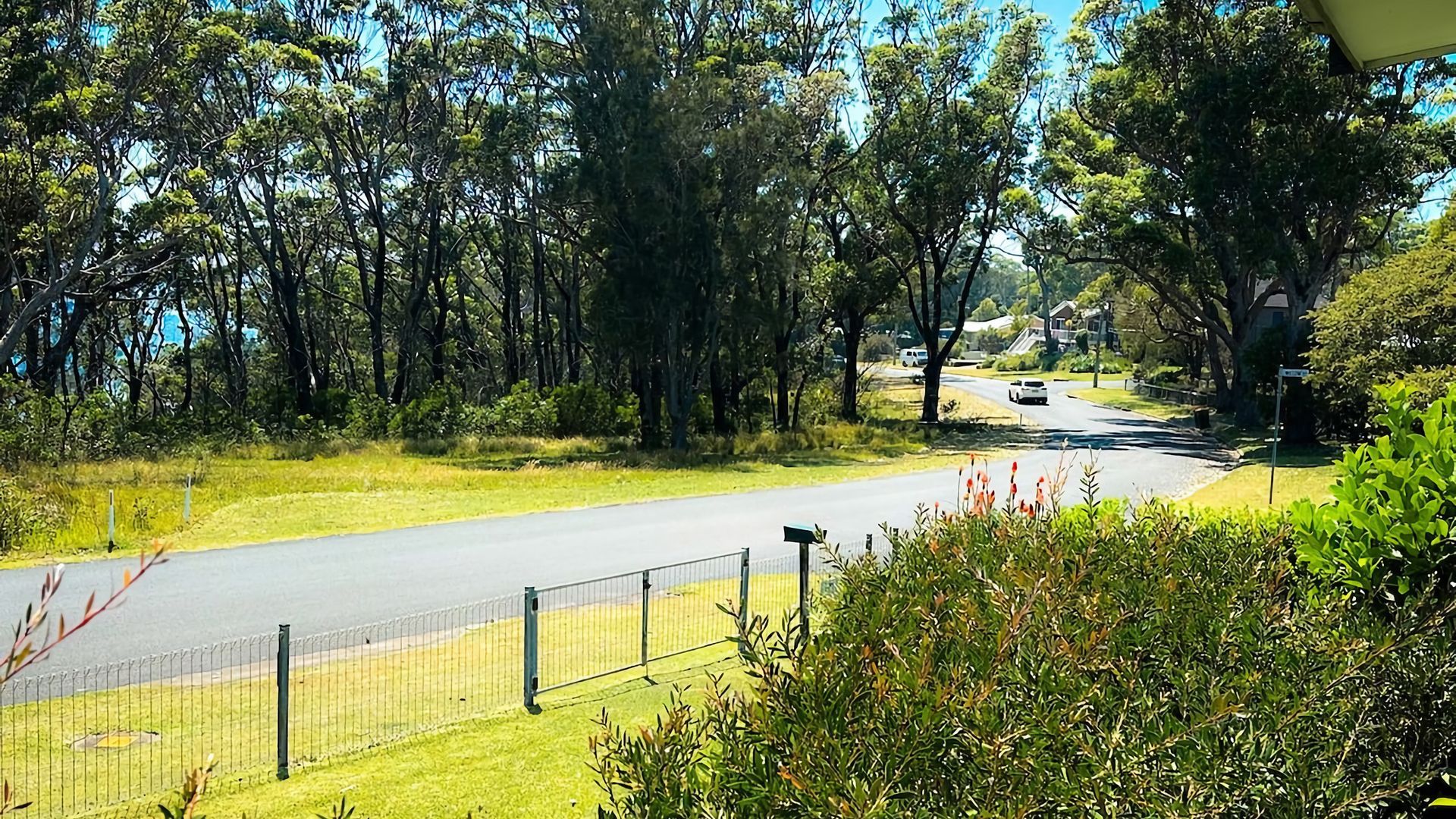 A residential street lined with trees and a fenced area with a mailbox.