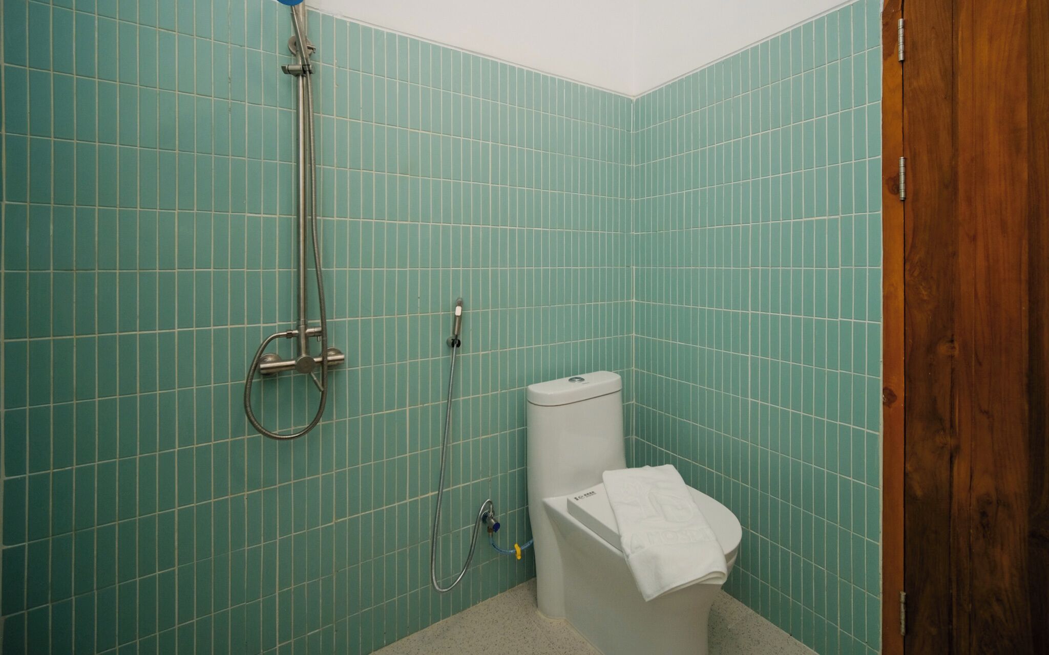 A bathroom with green tiled walls, a white toilet, a shower with a handheld showerhead, and a wooden door.