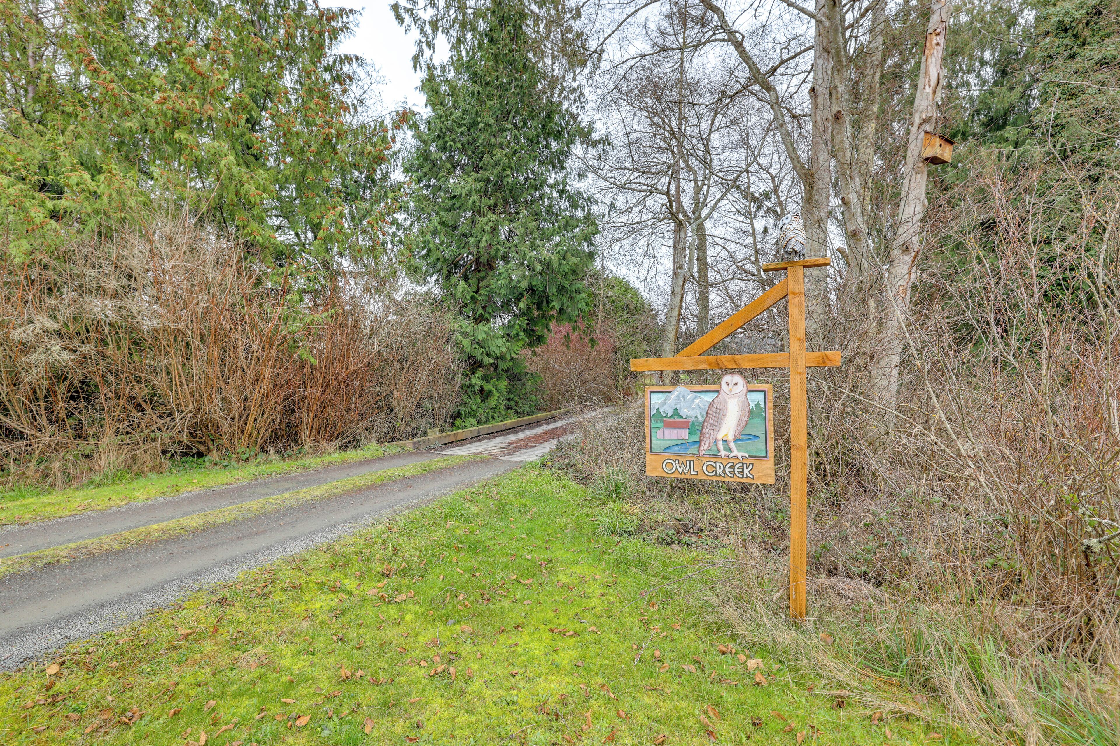 Un camino rural con un letrero de madera que indica 'OWL CREEK'.