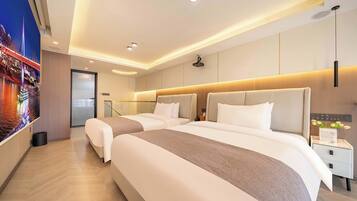 Down comforters, blackout drapes, soundproofing, iron/ironing board