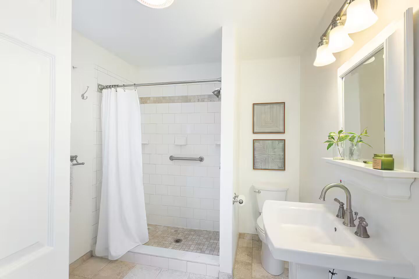 Shower, towels, soap, toilet paper