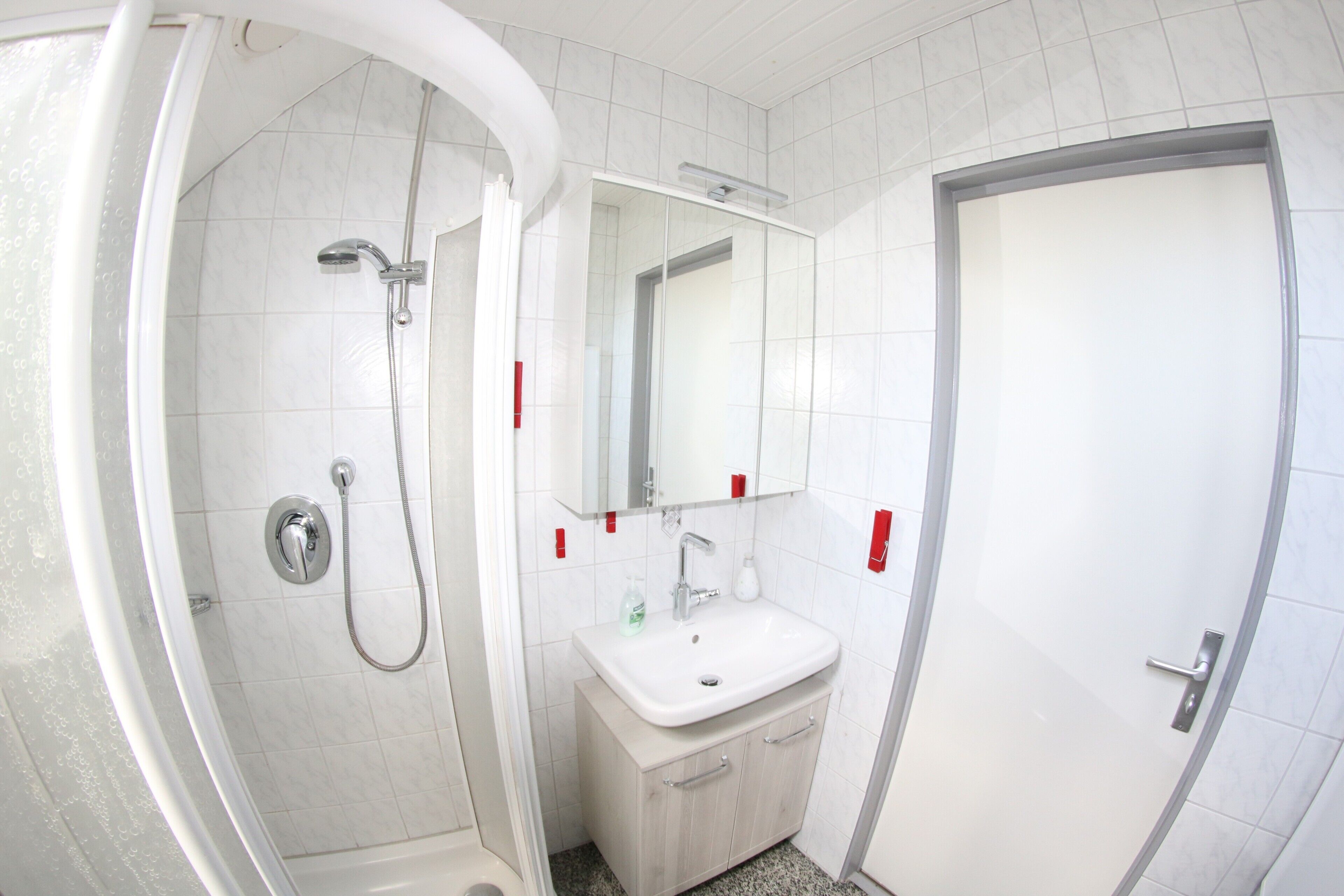 A bathroom with a shower, sink, mirror, and toilet.