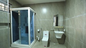 A modern bathroom with a glass-enclosed shower, a pedestal sink, and a mirror above the sink. - Bosanic Hotel And Suites (Benin City)