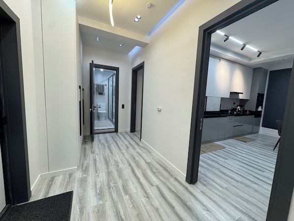 A modern interior with a hallway leading to a bathroom and a kitchen area.