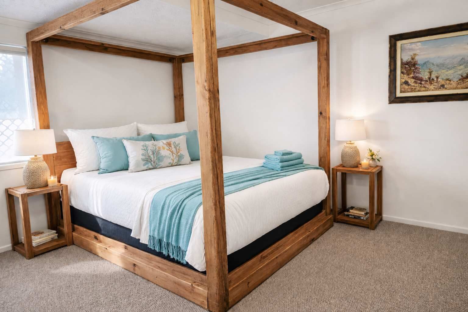 Comfortable master suite with a queen bed and pull-out sofa, providing extra sleeping space.