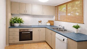 Una cocina compacta con armarios color beige, horno integrado, lavavajillas y un lavabo. Hay dos plantas en macetas sobre la encimera.