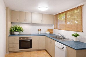 Une cuisine compacte avec des meubles de couleur beige, un four encastré, un lave-vaisselle et un évier. Deux plantes en pot sont posées sur le plan de travail.