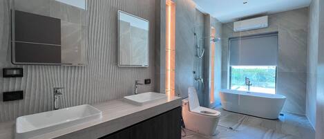 Shower, hair dryer, towels