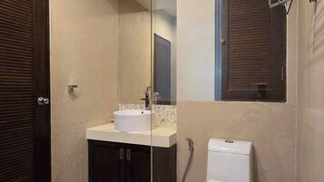 Shower, hair dryer, towels