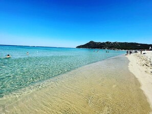 A beach with clear water, a sandy shore, and a mountain in the background.
