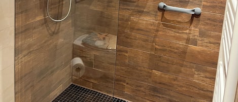 Dusche, Haartrockner, Handtücher, Toilettenpapier
