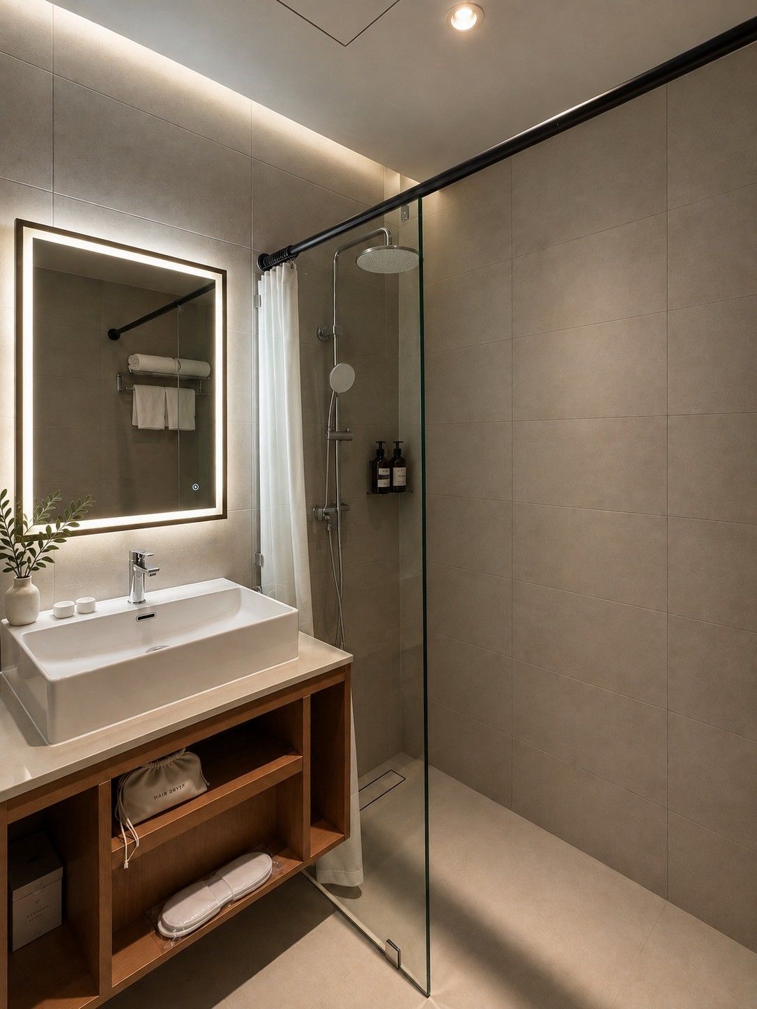 A modern bathroom with a glass shower enclosure, a large mirror, and a wooden vanity with a sink.