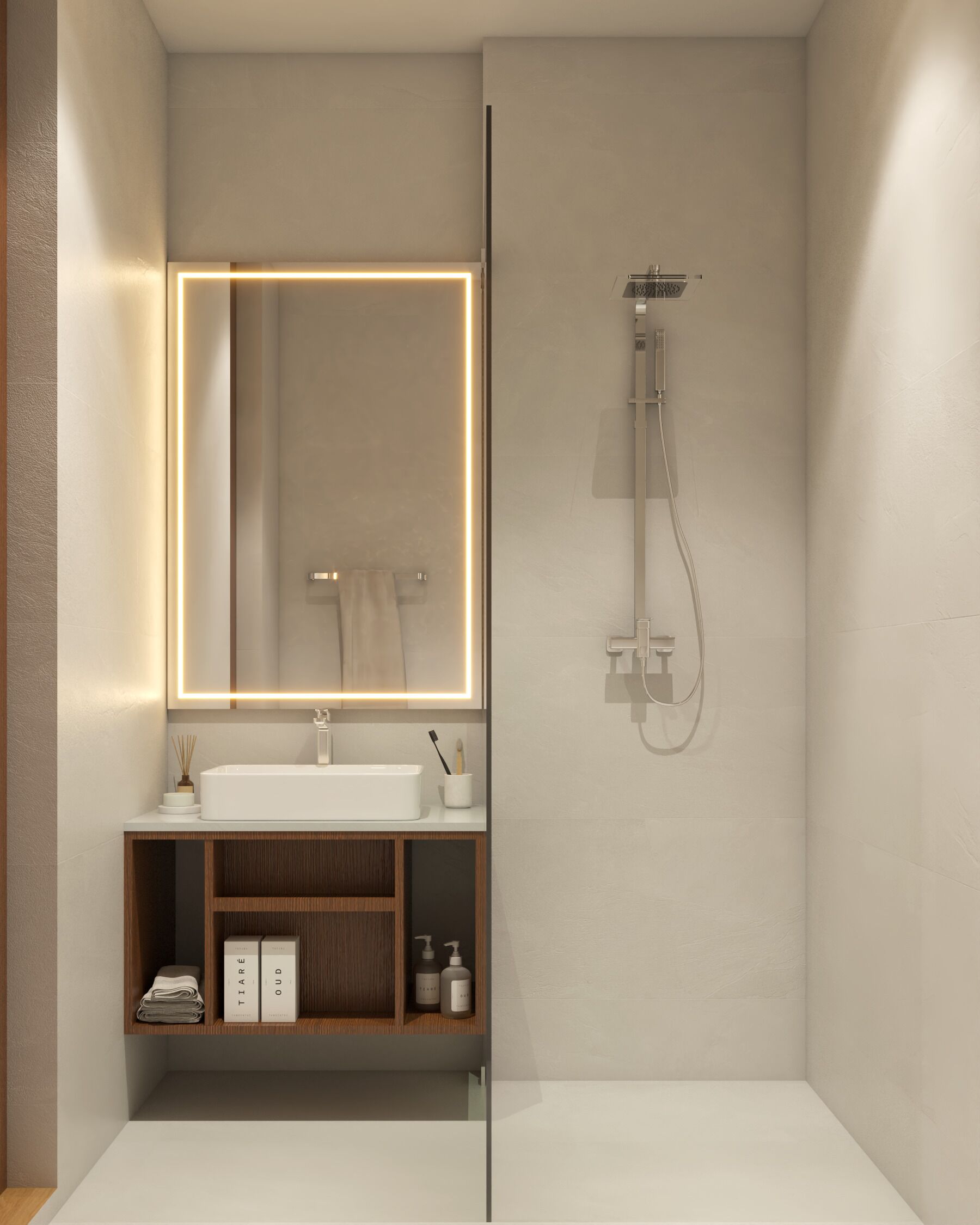 Shower, hair dryer, slippers, towels