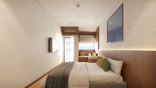 A modern hotel room with a large bed, a flat-screen TV, a window with curtains, and a view of the sky. - Asaya Kata (Karon)