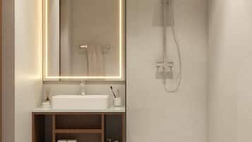 Shower, hair dryer, bathrobes, slippers