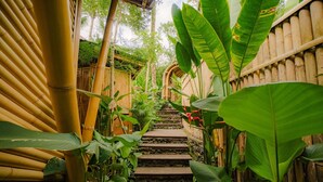 Una estrecha escalera de piedra rodeada de abundante vegetación y estructuras de bambú.
