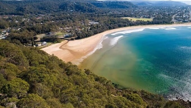 Vue aérienne d’une zone côtière avec une plage de sable, une forêt dense et une mer bleue et limpide.