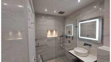 Shower, hair dryer, bidet, towels