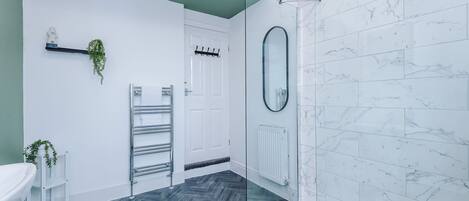 Shower, hair dryer, towels