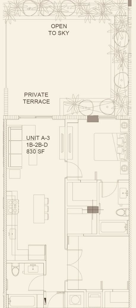 Plano de planta de una habitación de hotel con terraza privada, abierta al cielo, y zona de cocina.