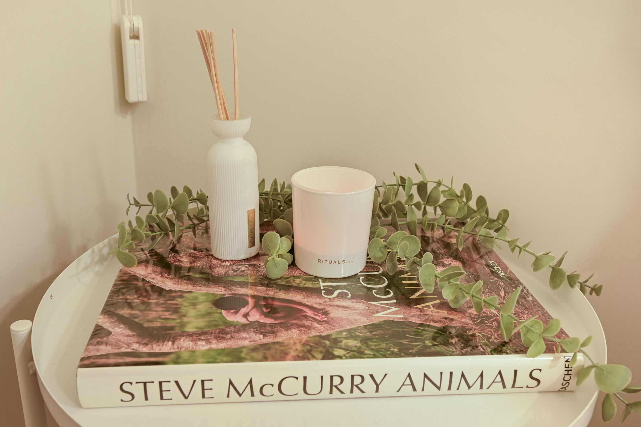 A book titled 'STEVE McCURRY ANIMALS' on a tray with a white candle and reed diffuser.