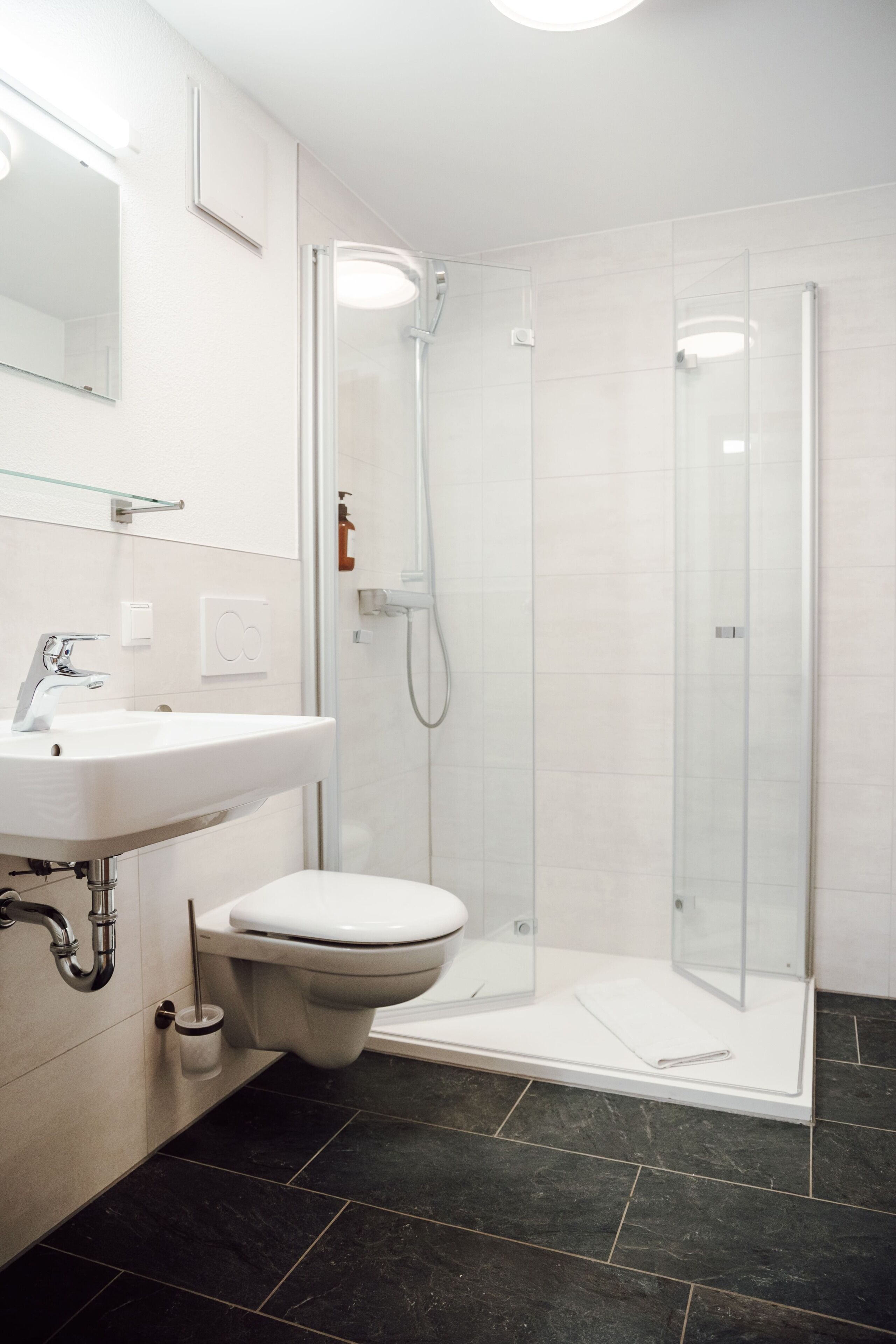Un baño moderno con ducha envuelta en vidrio, un lavamanos blanco y un inodoro.