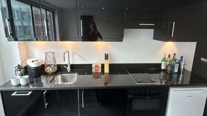 Cocina moderna con armarios negros, pileta de acero inoxidable y lavavajillas compacto.