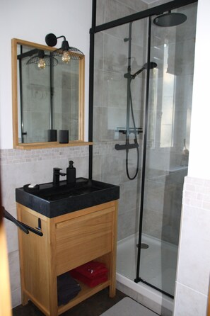 Shower, hair dryer, towels, soap - Gite au Moulin (La Chapelle-Faucher)