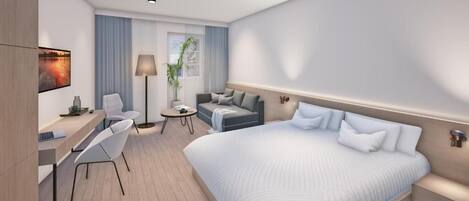 Desk, laptop workspace, blackout drapes, free WiFi