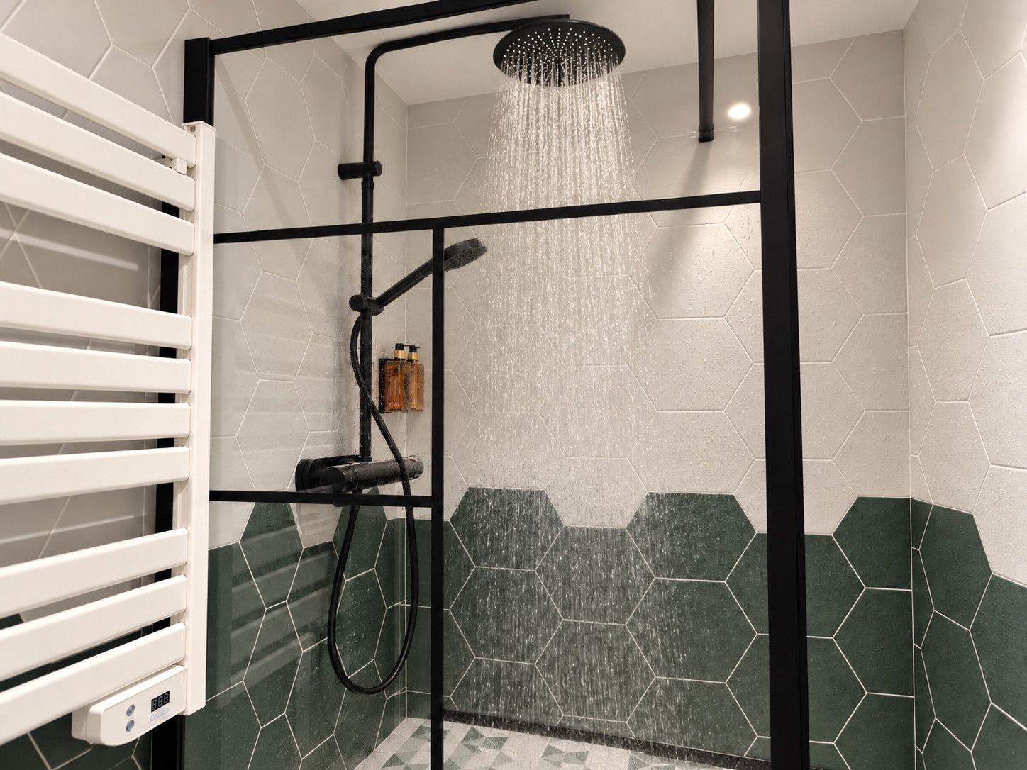 Een douche met een regenkop, een handdouche en een handdoucheslang.