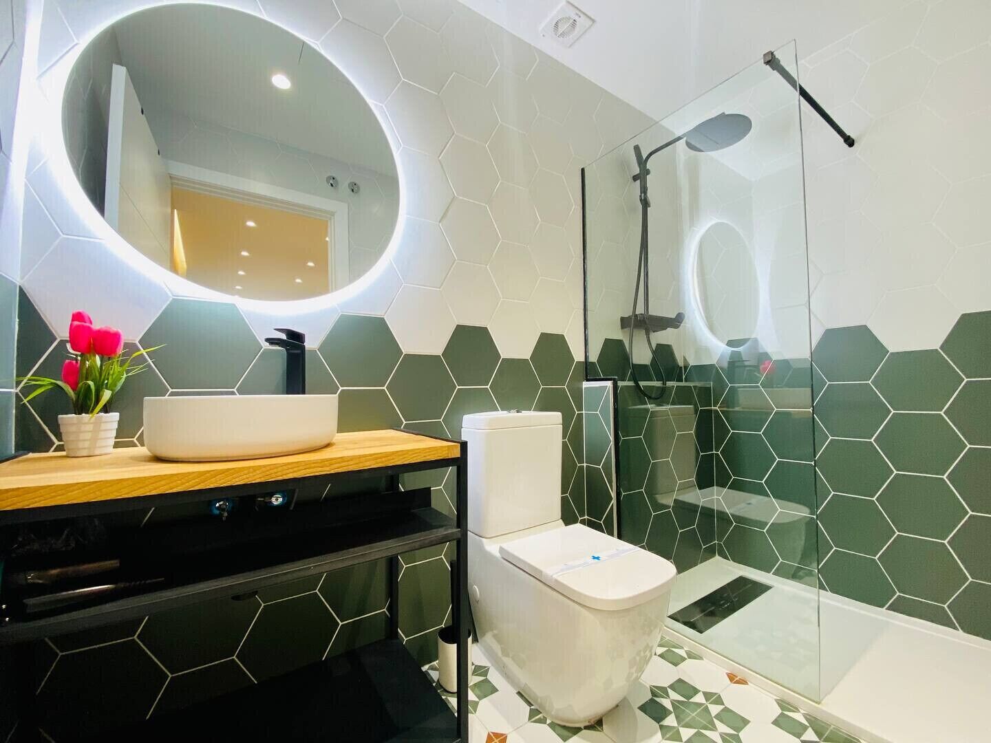 Shower, hair dryer, towels
