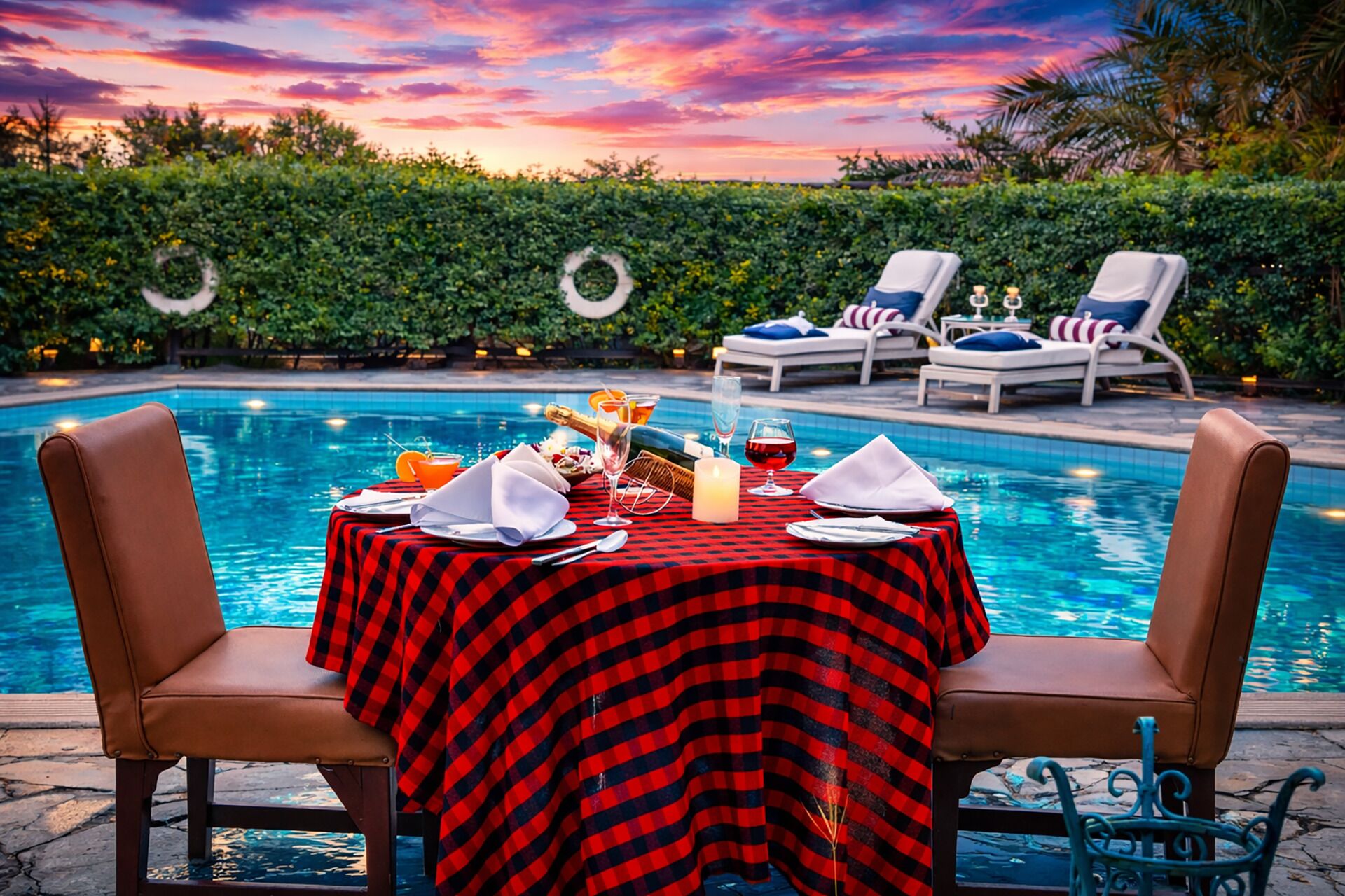 A poolside dining setup with a table set for two, surrounded by lounge chairs, under a sunset sky.